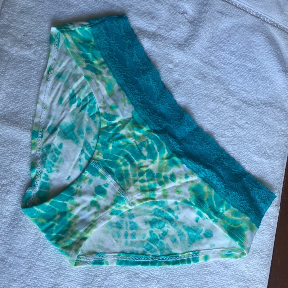 NWT Victoria’s Secret Hiphugger panty. Lace waistband. Tie dye turq. blue/green.